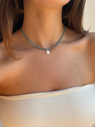 Apatite blue gemstone choker necklace with sand coin pendant 