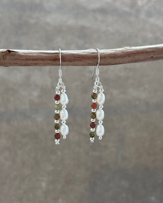 Pearl & Unakite Beaded Drop Earrings