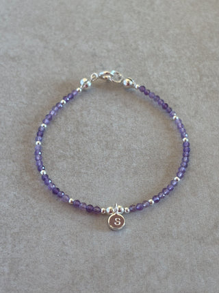 dainty amethyst bracelet with sterling silver engraved letter
