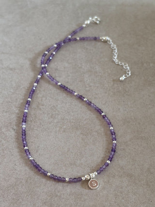 dainty amethyst necklace with personalised initial pendant
