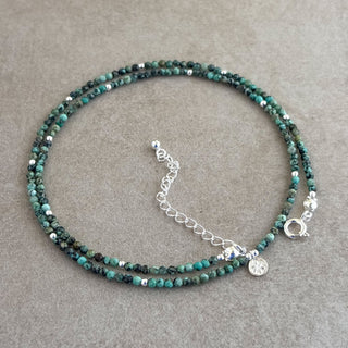 Green turquoise beaded necklace with flower in sterling silver