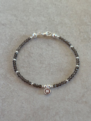bracelet with smokey quartz gemstone beads and sterling silver initial charm