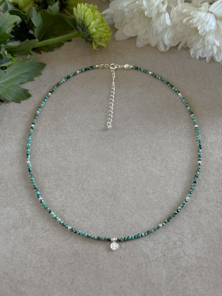 quality 925 sterling silver necklace with tiny flower and green turquoise beads