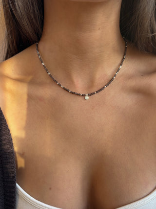 Sterling silver smokey quartz beaded necklace with dainty flower pendant
