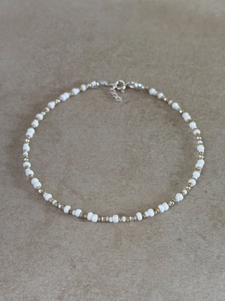 white and sand beaded adjustable anklet sterling silver